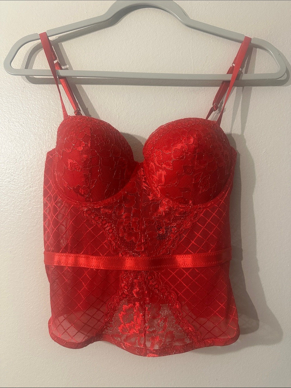 YANDY.COM collection Red Corset by René Rofé Sheer Lacey Floral bodice Sz S/P